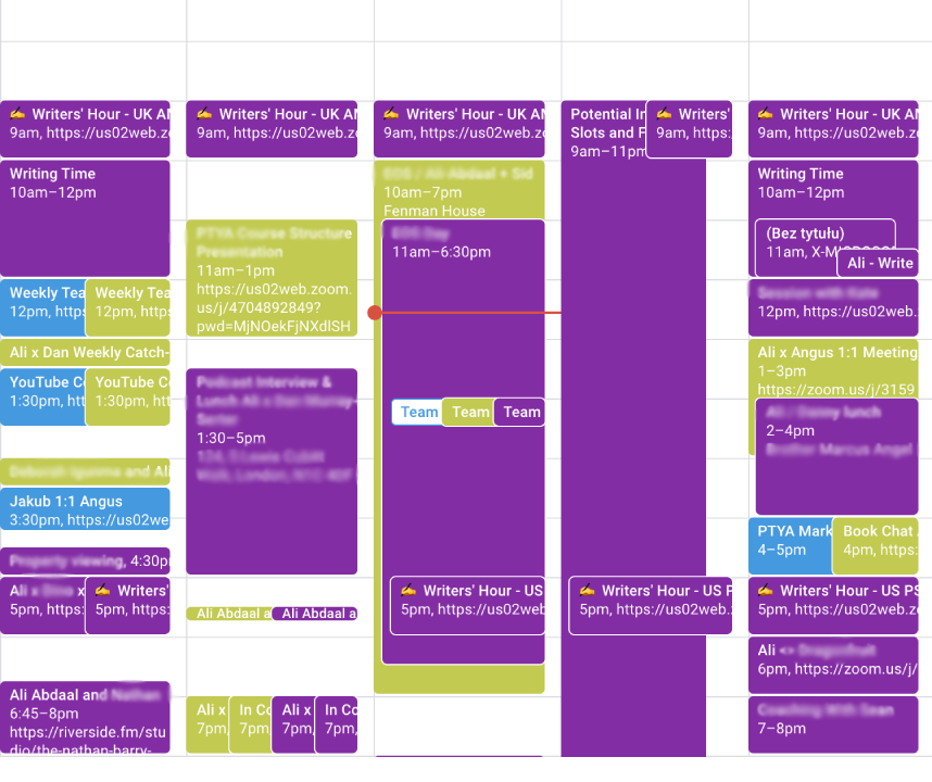 My calendar with a lot of time-blocked tasks